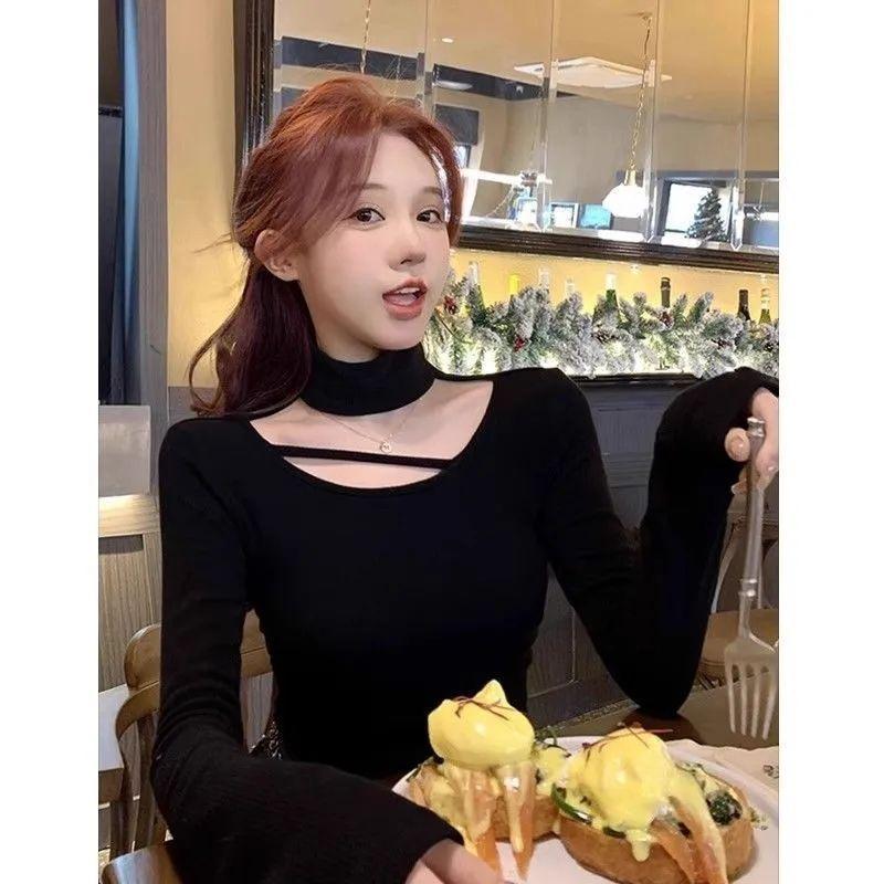 Women Choker Cutout Long Sleeve Top Hollow Out Neck Slim Fit Solid Knit Blouse