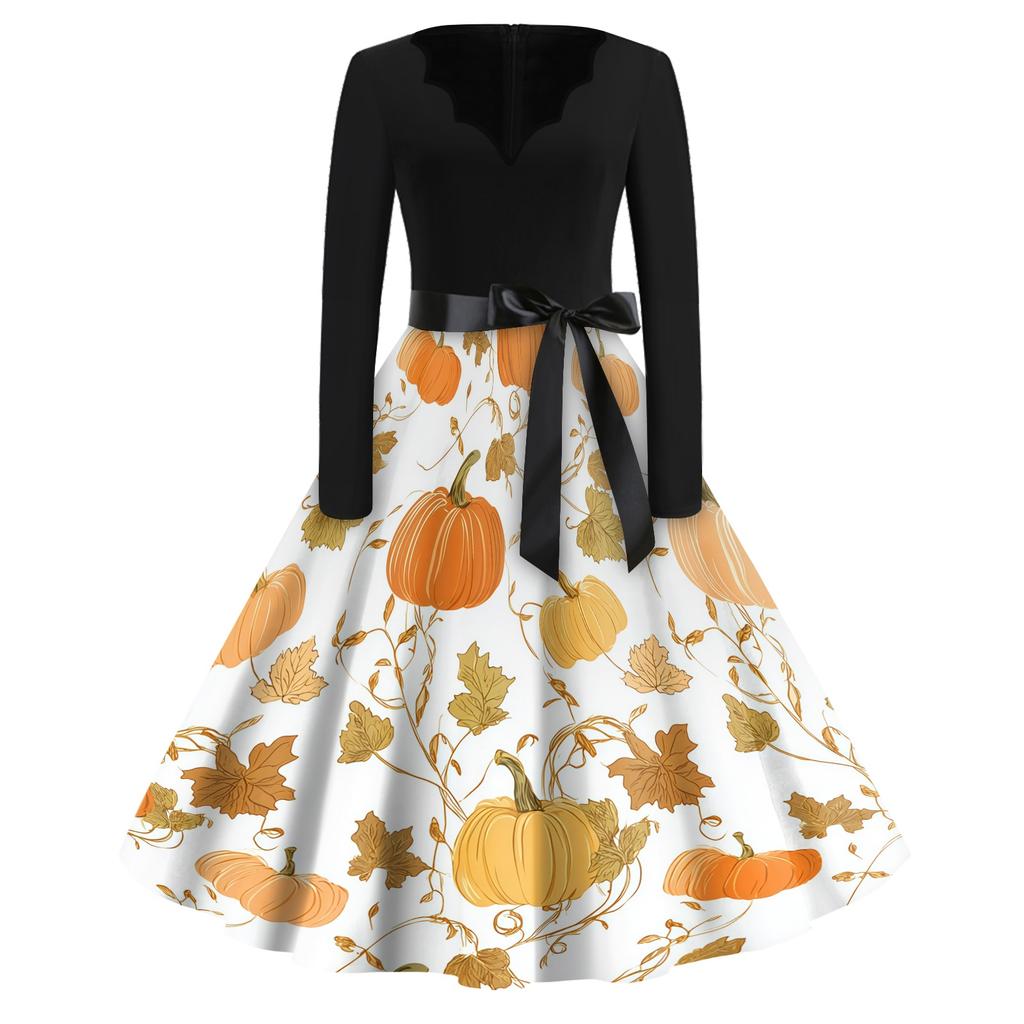 Women's Casual Vintage V Neck Dress Halloween Print Long Sleeve Retro Style A Line Midi Dress with Waist Tie Belt