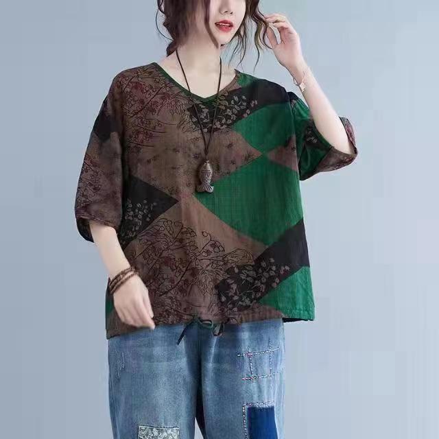 Pure Cotton Summer Loose Plus Size Women's Retro Printed Age-reducing Short-sleeved T-shirt