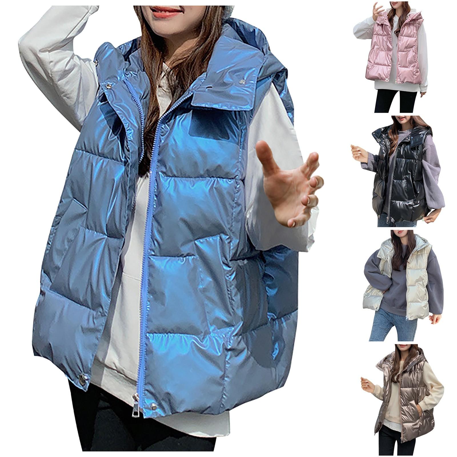 

Женская мода, повседневный блестящий пуховик больших размеров, однотонный жилет, куртка