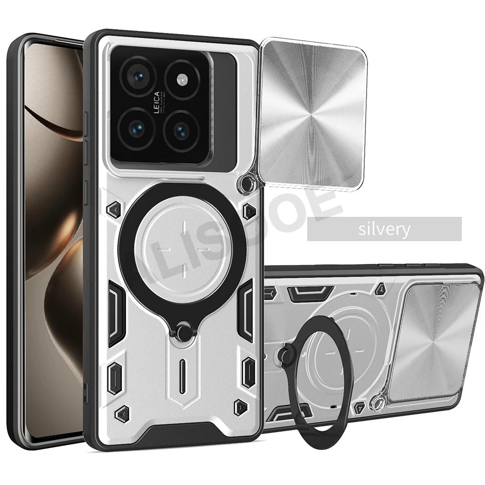 Slide Camera Funda for Xiaomi 14T Pro Case Armor Slide Lens Magnetic Ring Stand Phone Cover for Xiaomi Mi 14T Capa