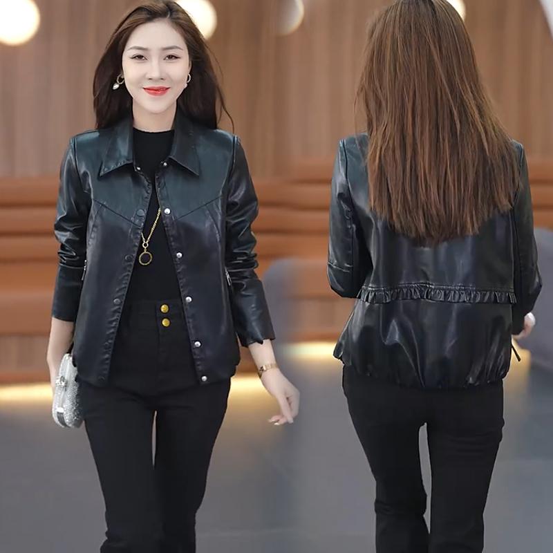 

Короткая кожаная куртка для женщин на осень новый стиль облегающий воротник ПОЛО свободный и универсальный верх кожаной куртки 3XL