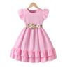 Vestito Rosa Principessa Estivo per Bambina con Ricami Floreali Maniche a Sbuffo Orlo Arricciato Cintura Gonna a Doppio Strato