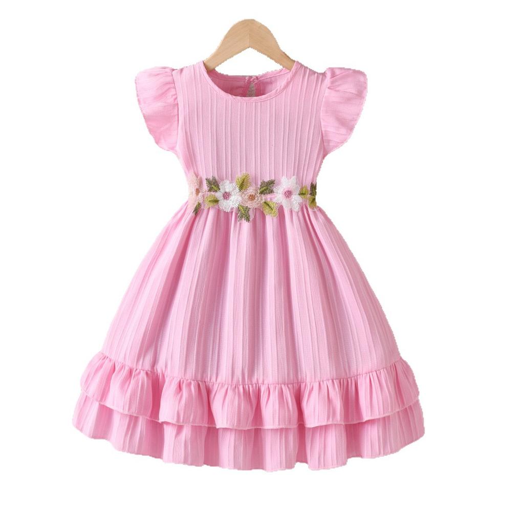 Vestito Rosa Principessa Estivo per Bambina con Ricami Floreali Maniche a Sbuffo Orlo Arricciato Cintura Gonna a Doppio Strato