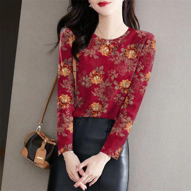 

Women s Floral Print Long-Sleeve T-Shirt, Slimming Milk Silk Base Layer with Round Neck, Perfect for Autumn/Winter. 2XL