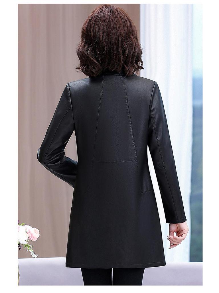 Stylish Leather Trench Coat for Middle-Aged Women - Spring & Autumn Slim-Fit, Washed Leather