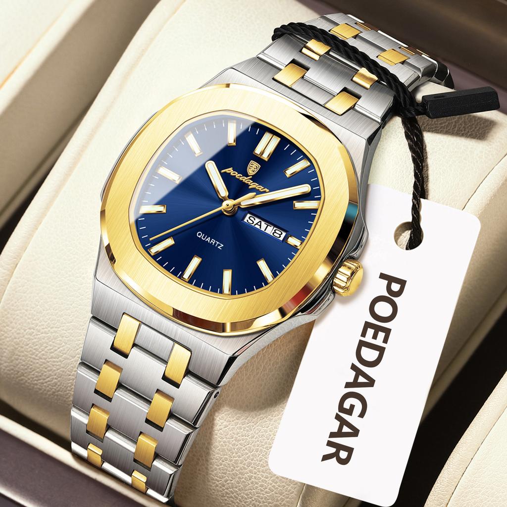 POEDAGAR Square Woman Watch Date Week Waterproof Luminous Ladies Watch Stainless Steel Quartz Fashion Watches Gift