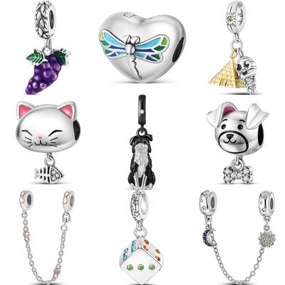 Argento Sterling 925 Libellula Uva Piramide Gatto Cane Dadi Luna Sole Catena di Sicurezza Perline Adatte Braccialetto Originale Charm Gioielli