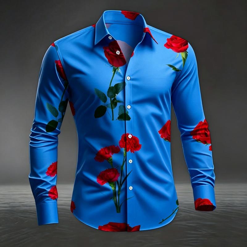 Men's Red Rose Printed Long Sleeved Shirt with White Casual Button Up Top for Romantic Occasions