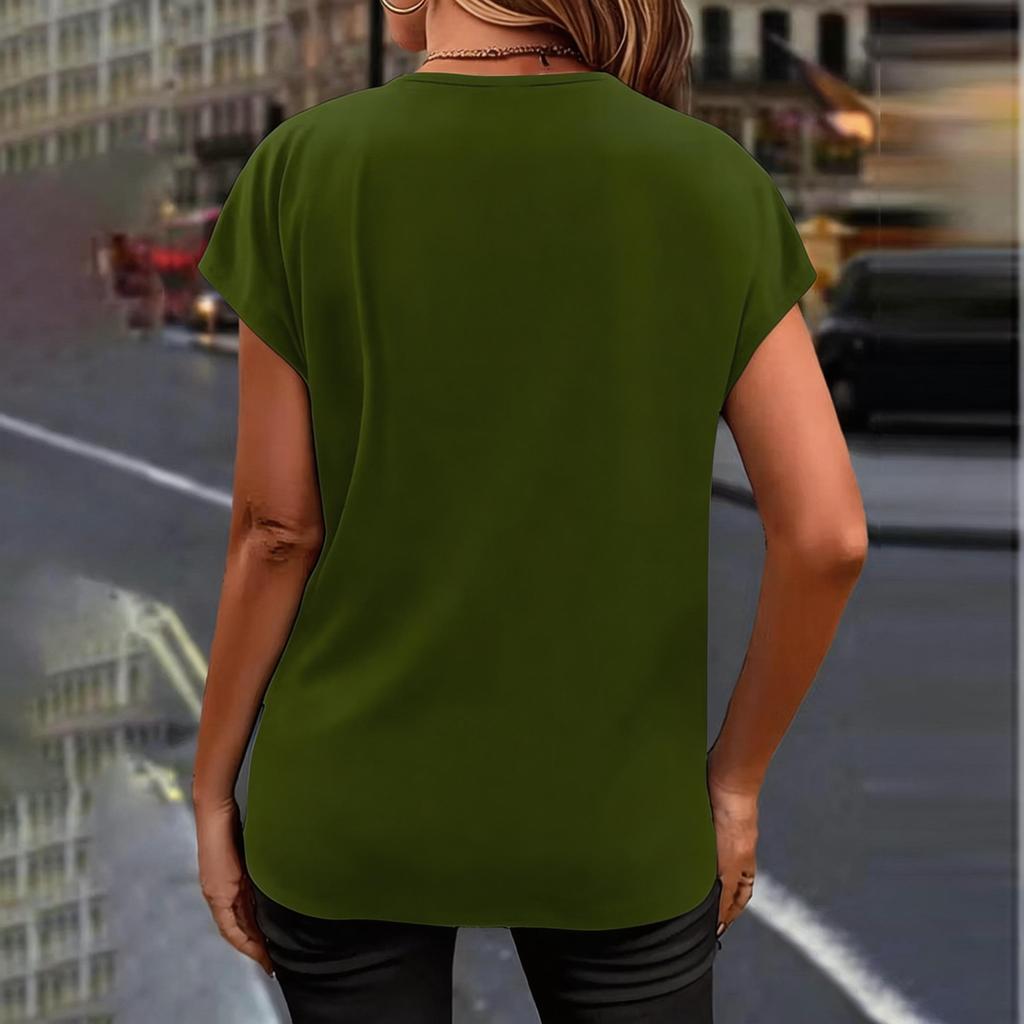 Fashionable Women's V-neck Ruffled Short Sleeved Chiffon Shirt, Women's Summer Temperament Commuting  Color Top