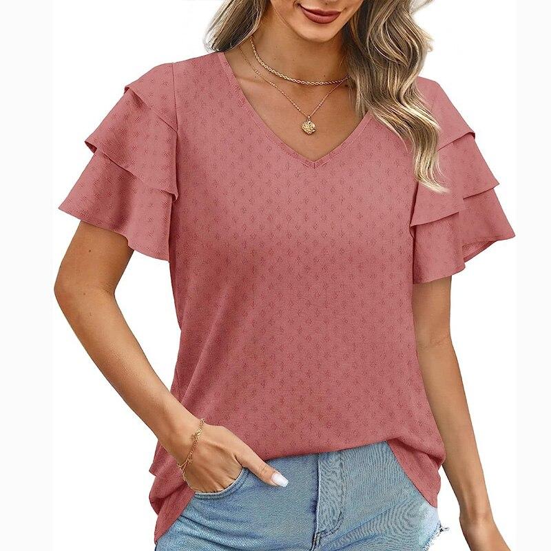 Casual Loose Summer Womens Shirts 2023 Fashion Short Sleeve Chiffon Blouse Women Tops Elegant Female Clothing V Neck 26486