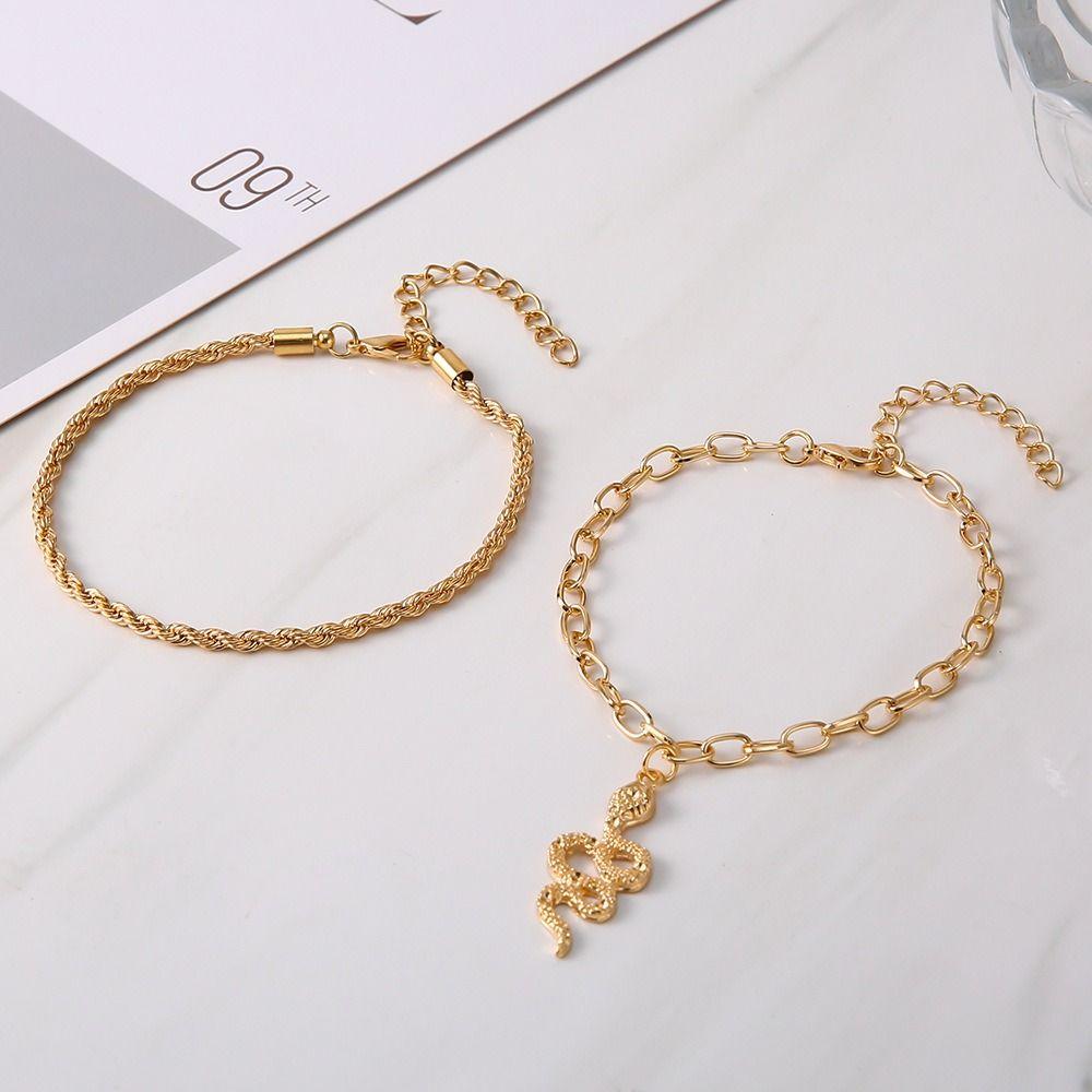 

2pcs/set Geometric Snake Anklet Set Adjustable Retro Beach