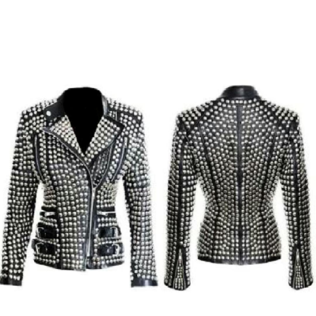 NOORA Damen Punk Style Silberne Nietenjacke, Modische Damen Echtes Lammleder Party Wear Jacke S gray