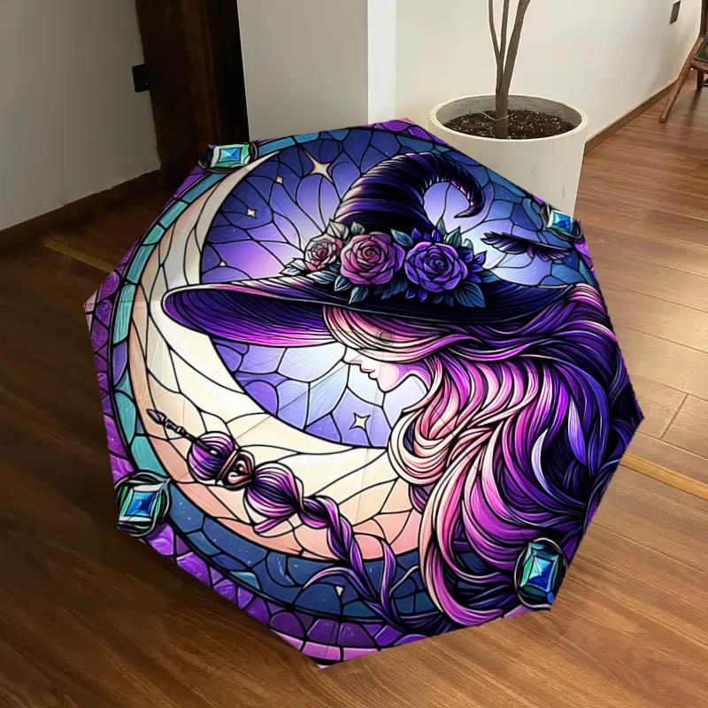 

Stained Witch Hat with Flowers - Automatic Opening Umbrella, Portable Tri-Fold Design, 8-Bone Iron Frame Outdoor Umbrella, Festival Gift for