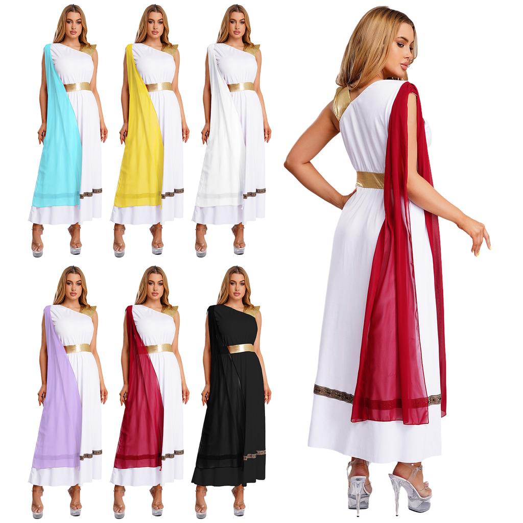 Womens Ancient Greek Costume Sleeveless High Waist Tunic Dress Golden Roman Empress Toga Halloween Party Dress