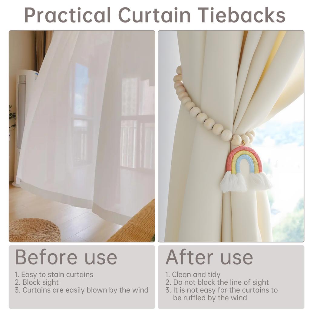2 pcs Magnetic Wooden Bead Curtain Tiebacks Minimalist Rainbow Tassel for Bedroom Living Room Patio