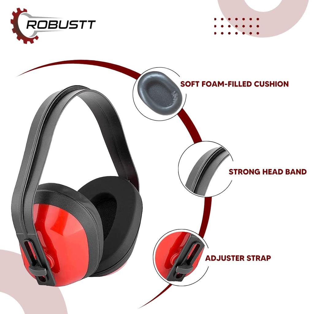 Robustt Earmuffs for Noise Reduction (pack of 1, Red and Black) Rating 21 Decibel 3 Position Adjustable Earmuffs with Soft Foam Filled Cusion