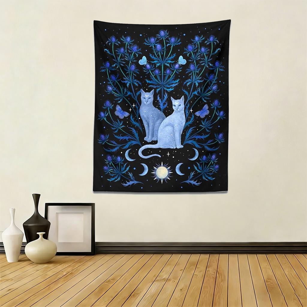 Moon Starry Sky Tapestry Flat Print Tarot Cat Moth Flower Pattern Aesthetic Wall Hanging for Bedroom Living Room Home Decor