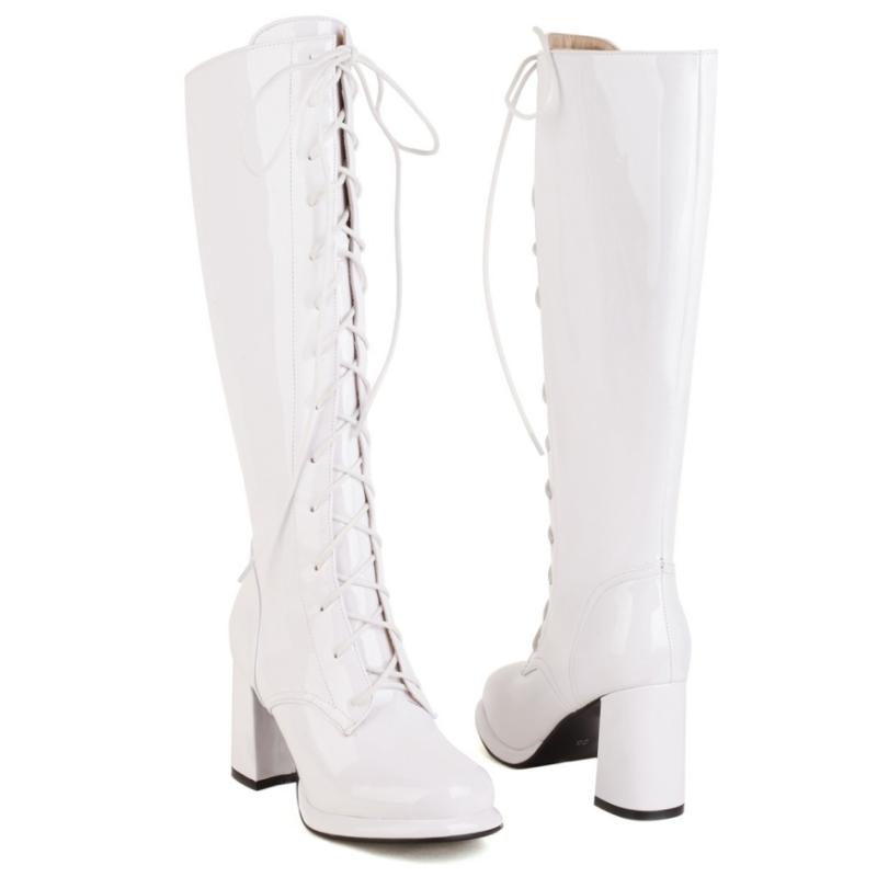 Women's Knee High Boots Lace-up Block Heels Party Winter Shoes Ladies Footwear Large Size 44 Black White Red Long Party Boot