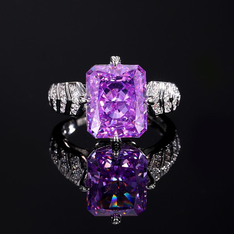 Jewelry Copper Bottom Gold-Plated High Carbon Diamond Ice Flower Cut Fat Rectangular Copper Inlaid Temperament Light Luxury Ring Women 10 * 12