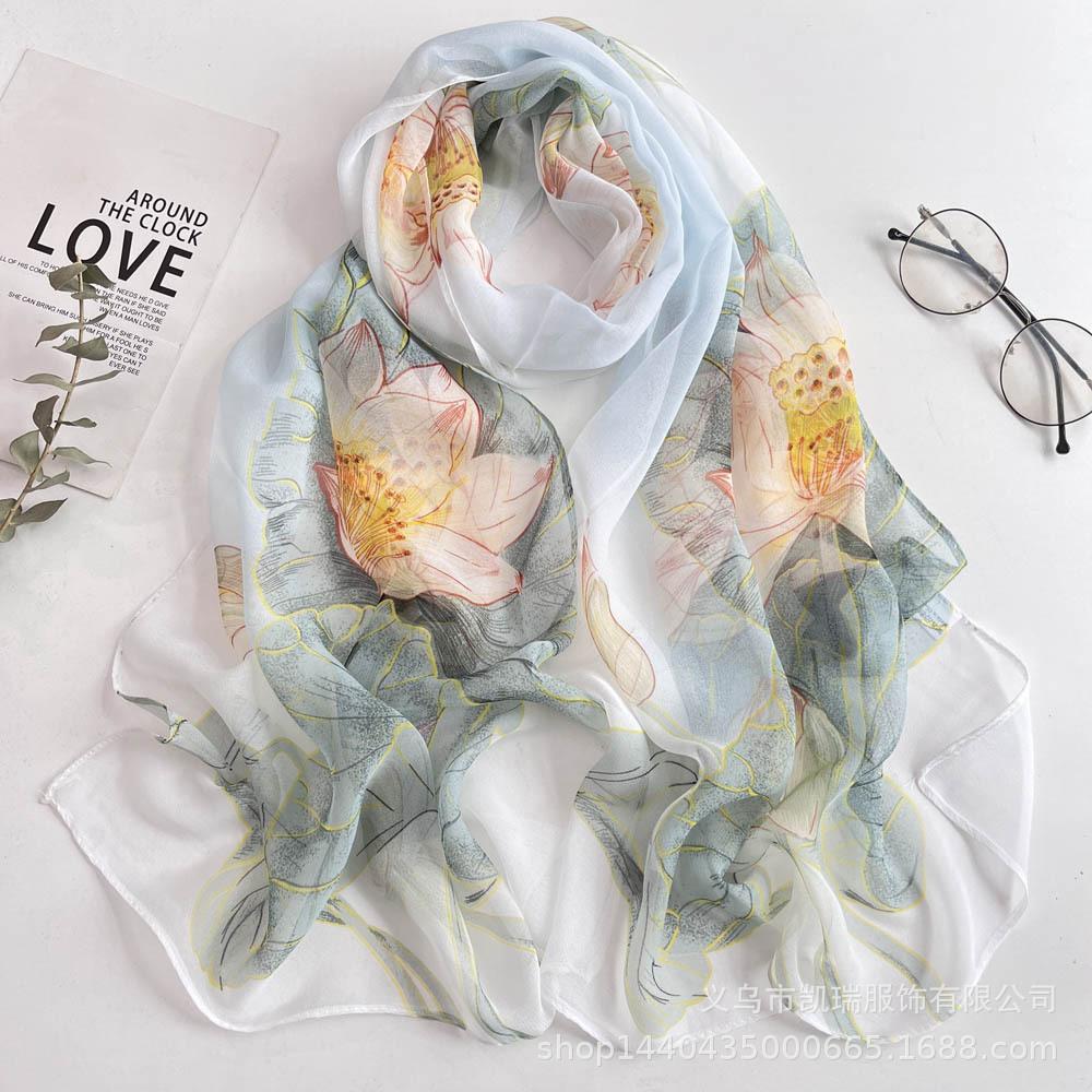 Lotus Sunscreen Zijden Sjaal Seaside Strand Sjaal Lange Vrouwen Zijden Sjaal Lotus Pond Moonlight Dunne Zijden Sjaal Sjaal 160 gray