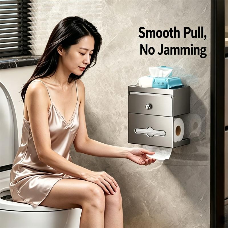 Adhesive Wall Mount Toilet Paper Storage Box with Covered Section and Upper Tray, Bathroom Tissue Case for Daily Use