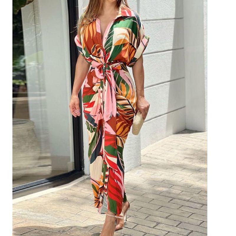 

European Station New Polo Collar Tong Qin Dress Short Sleeve Pink M