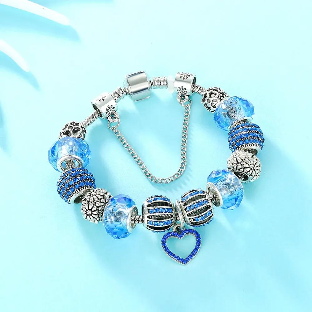 Amazon eBay Popular Fashion Diamond Set Large Hole Bead Bracelet Blue Ocean Crystal Love Pendant Bracelet