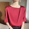 New Summer Acetic Acid Satin Round Neck Five-quarter Sleeve Women's New Sun Protection Versatile Thin Air-conditioned Room with Mid-sleeved Top