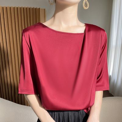 New Summer Acetic Acid Satin Round Neck Five-quarter Sleeve Women's New Sun Protection Versatile Thin Air-conditioned Room with Mid-sleeved Top