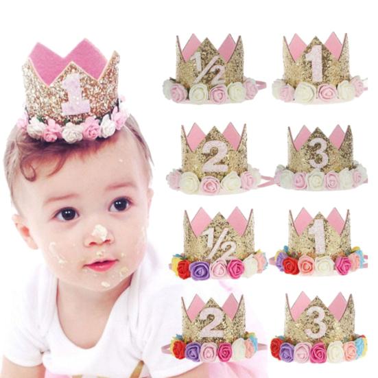 Baby Girl Sequin Number Flower Crown Headband Birthday Party Performing Headwear
