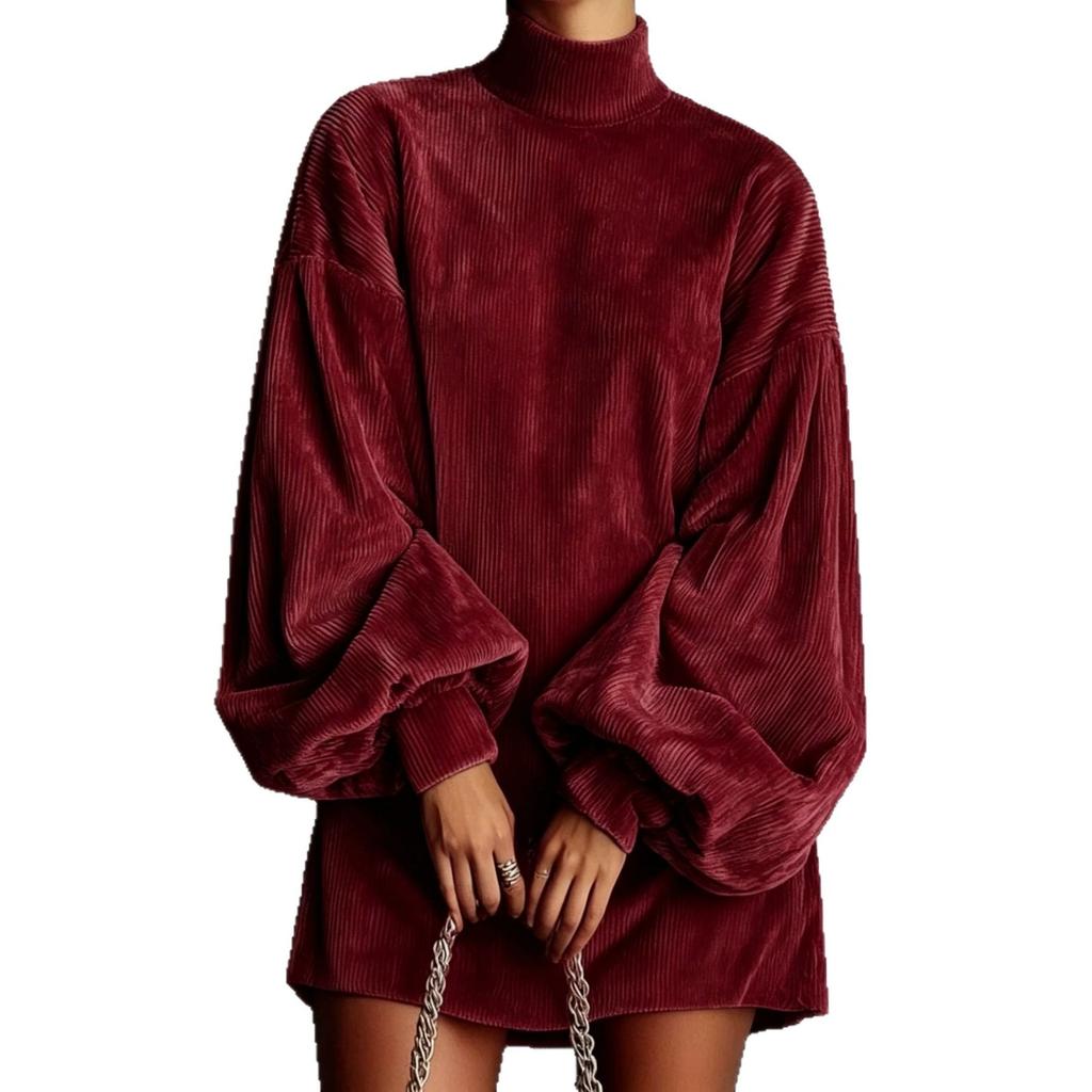 Women's Casual Solid Color Long-Sleeved Lantern Sleeve High-Neck Short Dress
