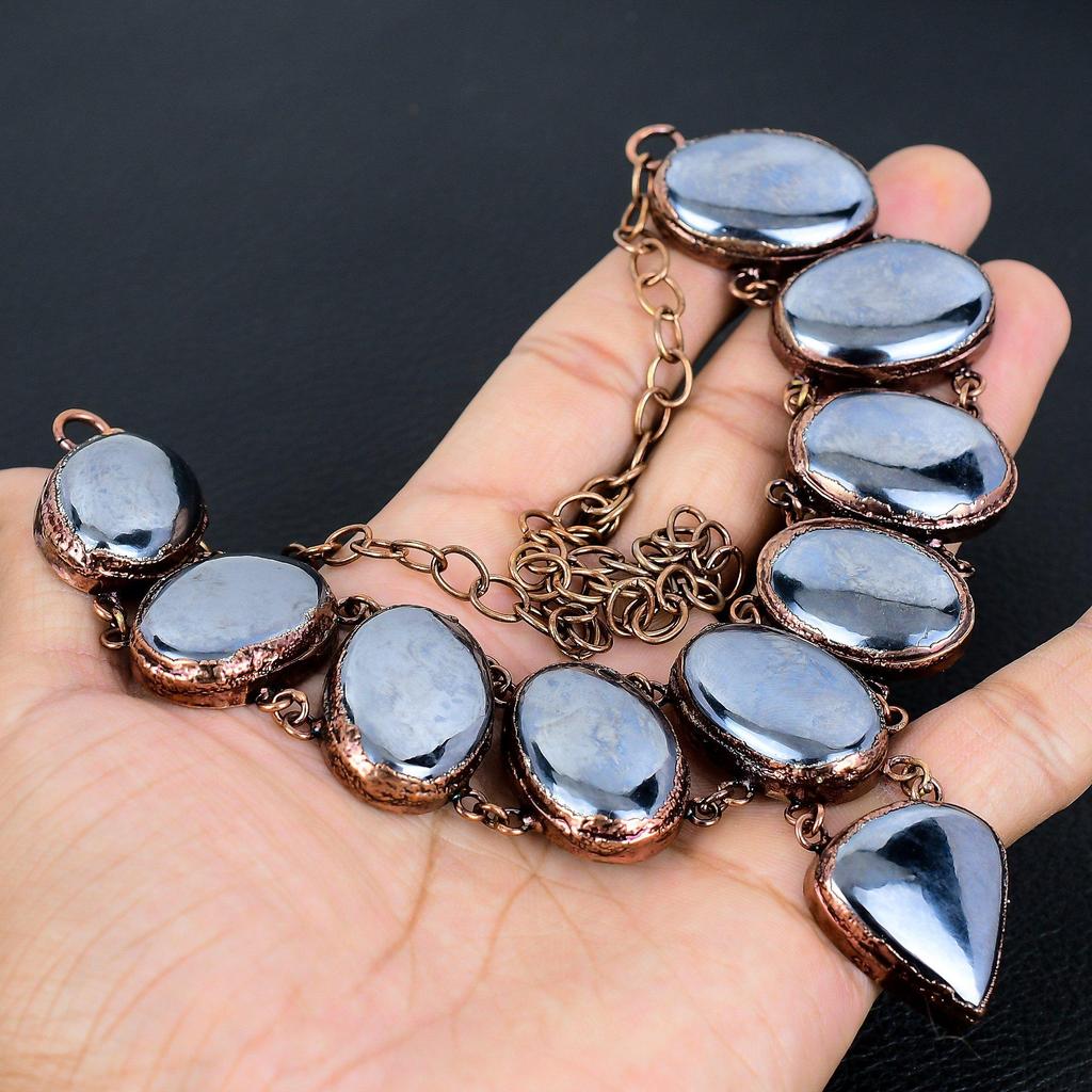 Shungite Gemstone Necklace, Copper Electroformed Handmade Designer Necklace Jewelry, Adjustable Chain Necklace Gift For Women