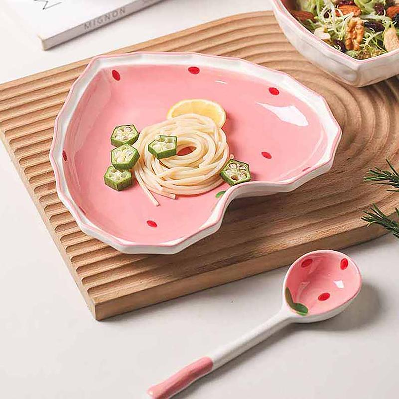 Strawberry Bowl Spoon Plate Set Beautiful Girl Heart Bowl Salad Bowl Dessert Household Tableware