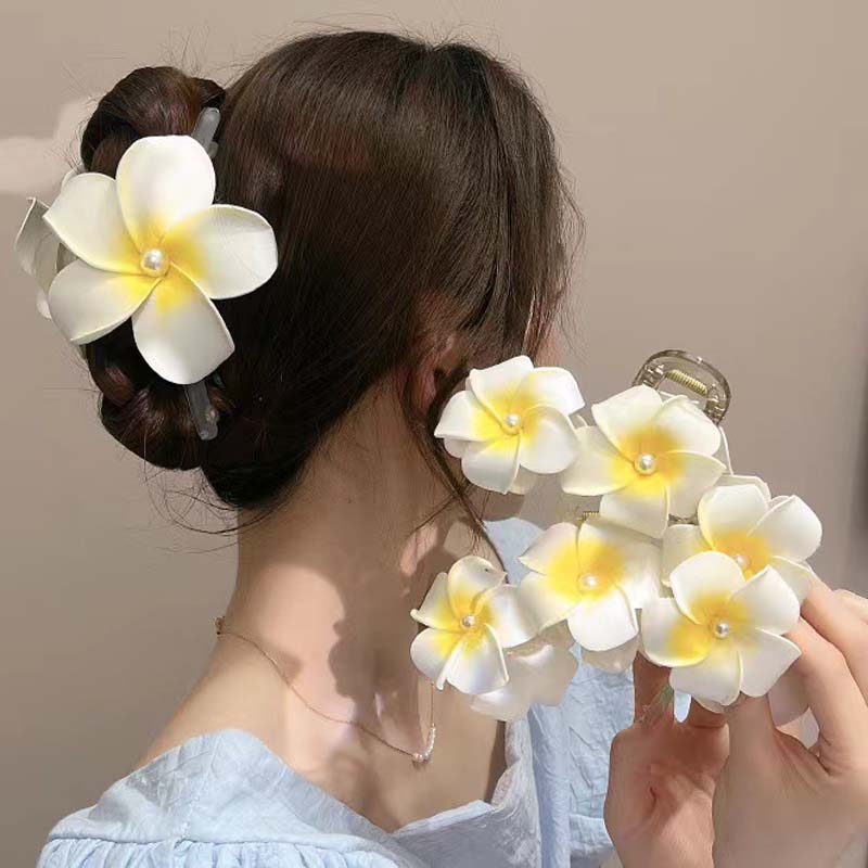 New Bohemian Yellow Plumeria Flower Pearl Headdress Hair Clip Claw Women Girls New Grab Back Of The Head Hair Accessory