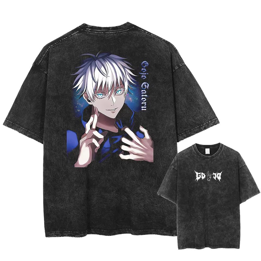 Japan Anime Jujutsu Kaisen Gojo Satoru Print Washed Tshirt Men Pure Cotton Tshirts Manga Casual T Shirt Harajuku Top Streetwear