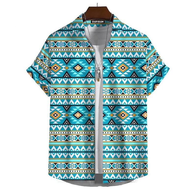 Vintage Hawaiian Shirts For Men Ethnic Pattern Print Lapel Blouse Fashion Casual Womens Clothes Short Sleeve Tees Tops