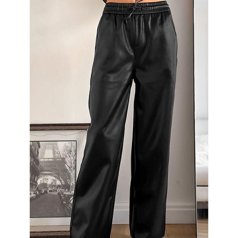 

Fashion 2025 Autumn and Winter Solid Color PU Leather Pants Women s Pants Elastic Waist Loose Loose Pants Work Clothing Black L