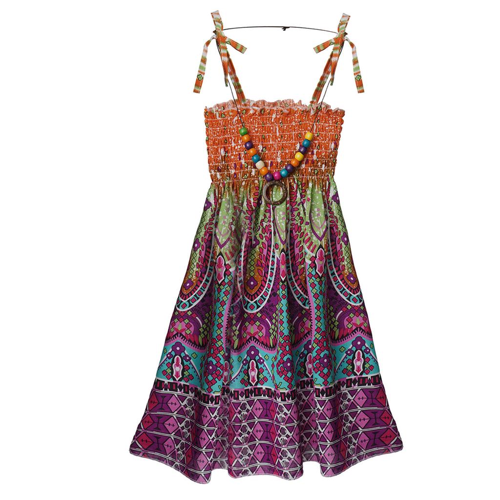 Girls Bohemian Beach Dress Off Shoulder Floral Sleeveless Rainbow Straps Suspender Dress with Necklace Summer Outfit