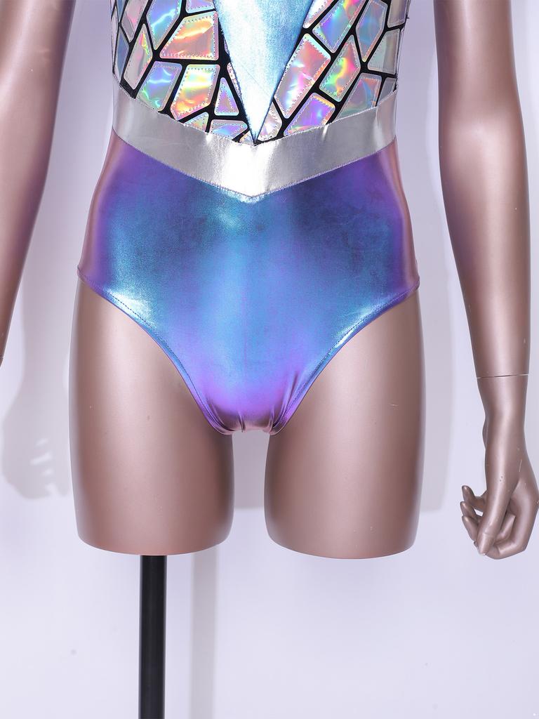 Dames Alien Cosplay Bodysuit Metallic Kleurovergang Pailletten Cut-out aan de voorkant Hoge hals Vliegmouw Leotard voor Halloweenfeest Optreden