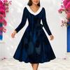 Women Plus Size Furry V Neck Long Sleeve Dark Blue Abstract Print Belted A Line Midi Dress