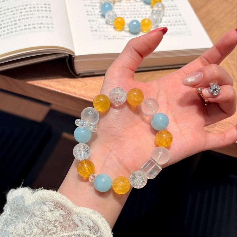 Sunny Day Sea Mist Original Natural Yellow Fluorite White Azeztulite Aquamarine Clear Crystal Beaded Bracelet Women