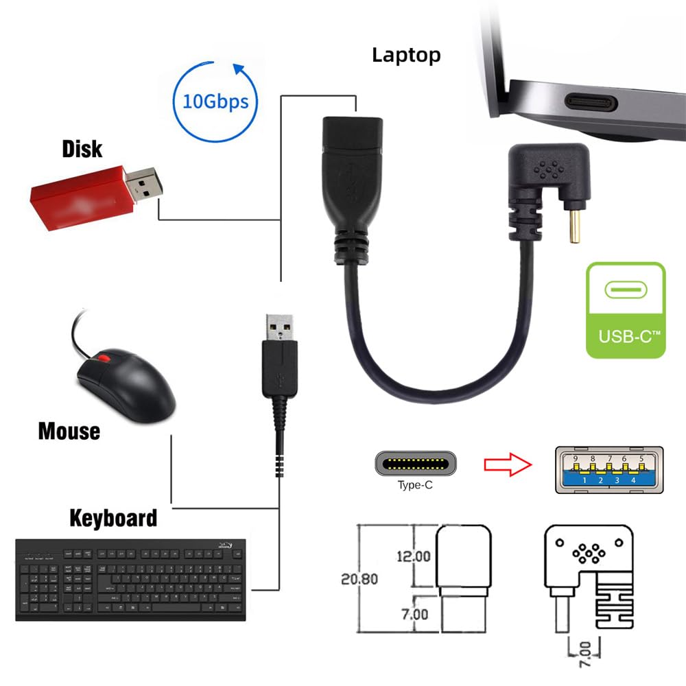 Xiwai 90 Degree USB Male To USB Female 10Gbps OTG Data Power Inverted U Back Angle USB-C Type-C 3.1 3.0-A Adapter, Cable, 30cm, Shape,