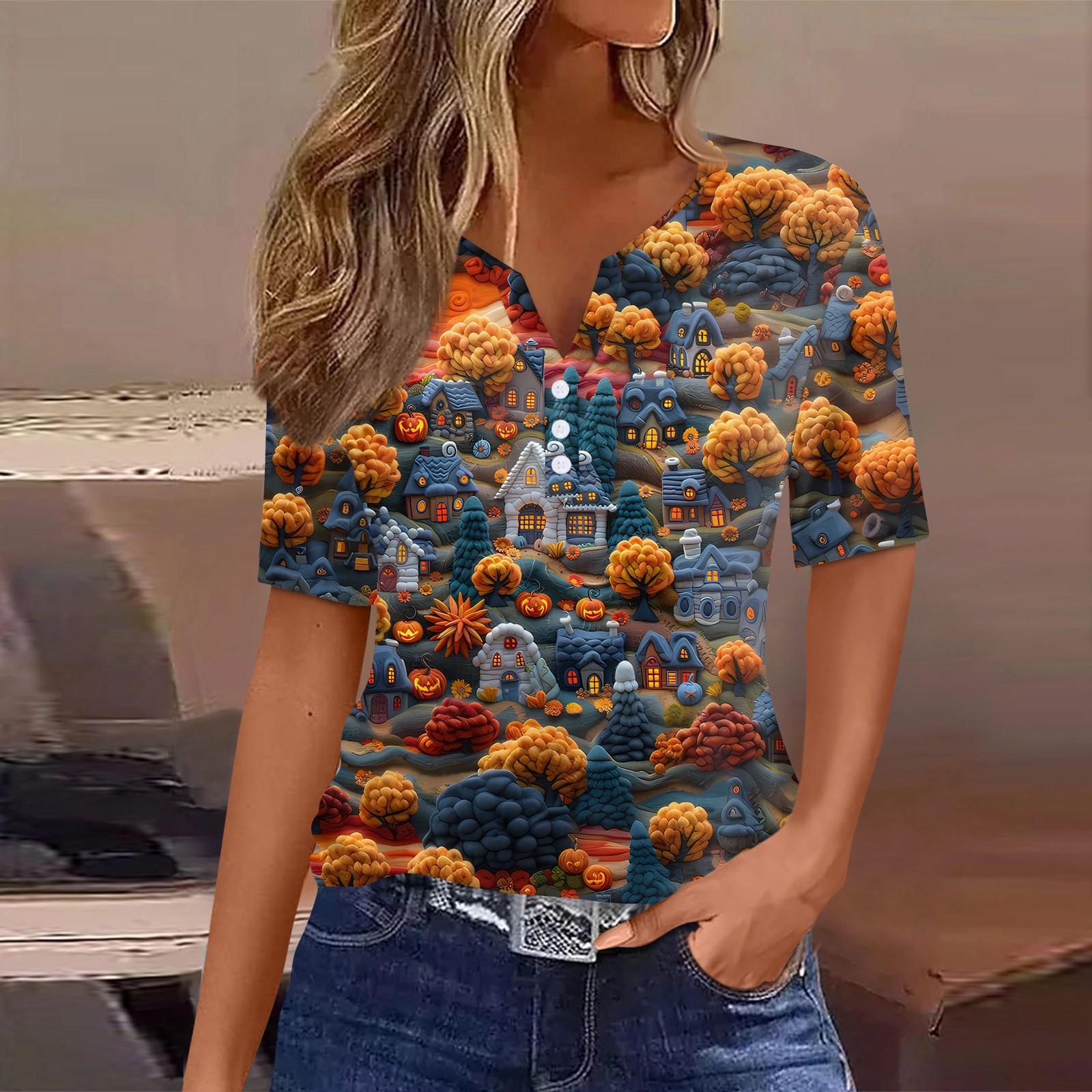 

Women s T Shirt Halloween Print Button Short Sleeve Daily Weekend Fashion Basic V- Neck Regular Top XXL Темно-синій