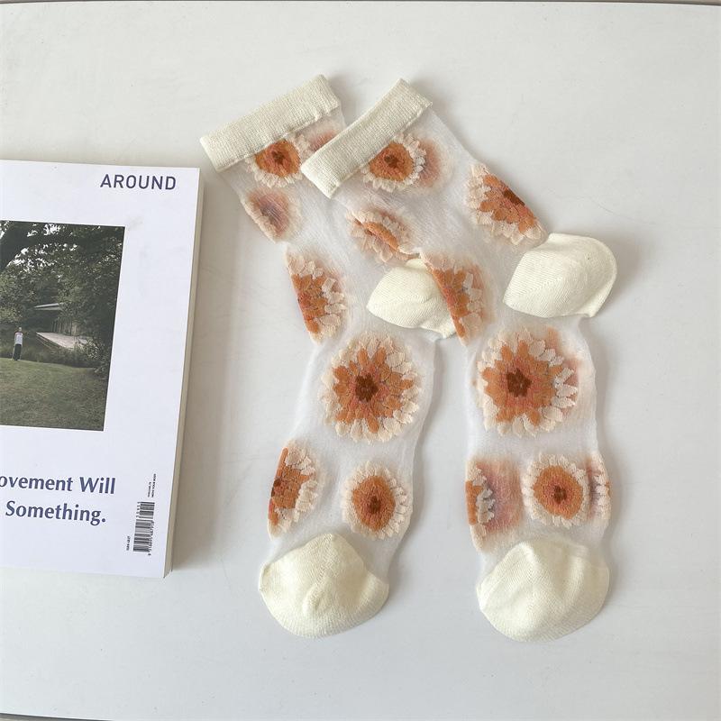 Crystal Silk Socks Women Summer Ultra-thin Transparent Nylon Long Socks Floral Embroidery Japanese Kawaii Cute Mesh Lace Socks