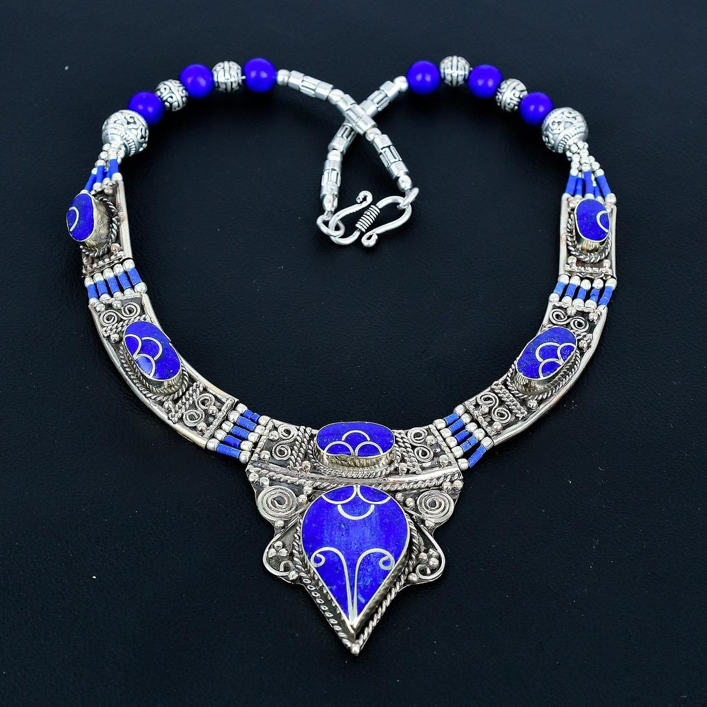 Lapislazuli 925 Sterlingsilber Halskette Tibetanische Silberkette Böhmische Antike Halskette Handgefertigter Schmuck Nepalesische Halskette Geschenk für beste Freunde