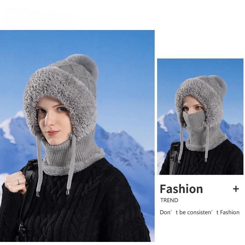 Winter Velvet Knitted Wool Hat Women's Ear Protection Hat Mask Scarf Integrated Thermal Pullover Hat