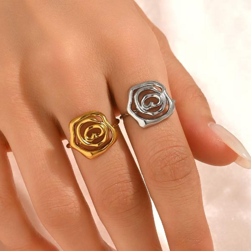 Stainless Steel Line Rings for Women Geometric Hollow Rose Adjustable Opening Rings Exquisite Fade-Resistant Party Zircon Gifts