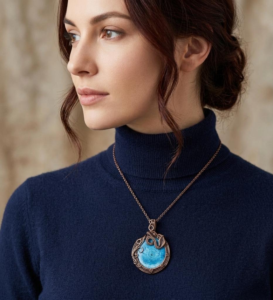 Handmade Copper Wire Wrapped Pendant Natural Blue Solar Quartz Stone Necklace Unique Boho Jewelry for Women