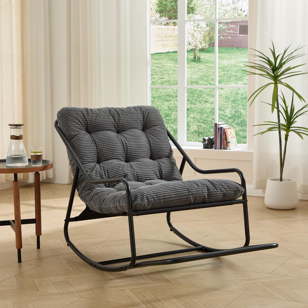 Outdoor Rocking Chair, Comfy Cushion, with Soft Thick Cushion,for Living Room, Bedroom, Reading Room, Black Frame with Grey Cushion